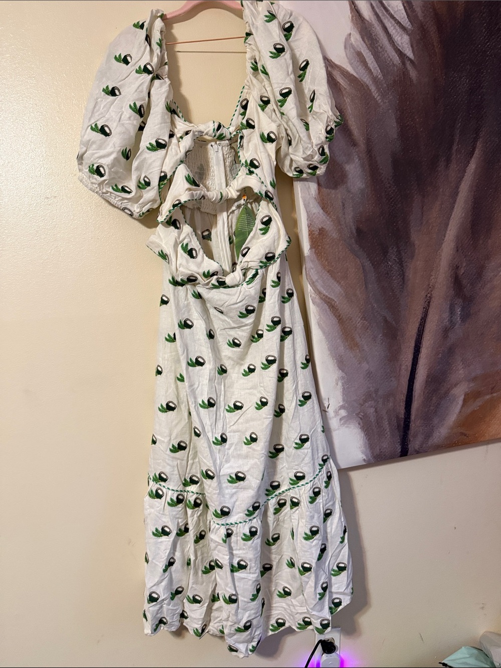FARM Rio White Midi Dress with Green Leaf Motif and Puff Sleeves
